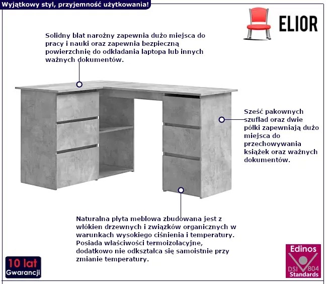 Szare biurko kątowe z szufladami beton - Favixo