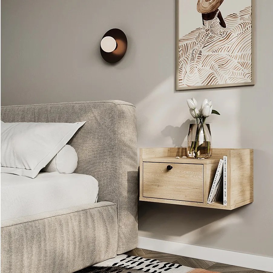 Szafka nocna WENA, wisząca, z szufladą i półką z prawej Aura, 50x27x35 cm, Dąb Cremona