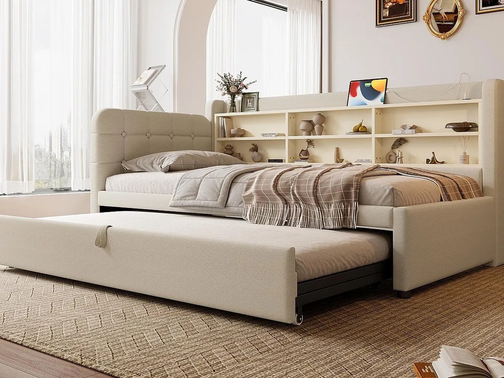 Sofa rozkładana 90×200 cm - z łóżkiem schowkowym - port USB + Type C - z półką - len - beżowa (materac nie jest zawarty)