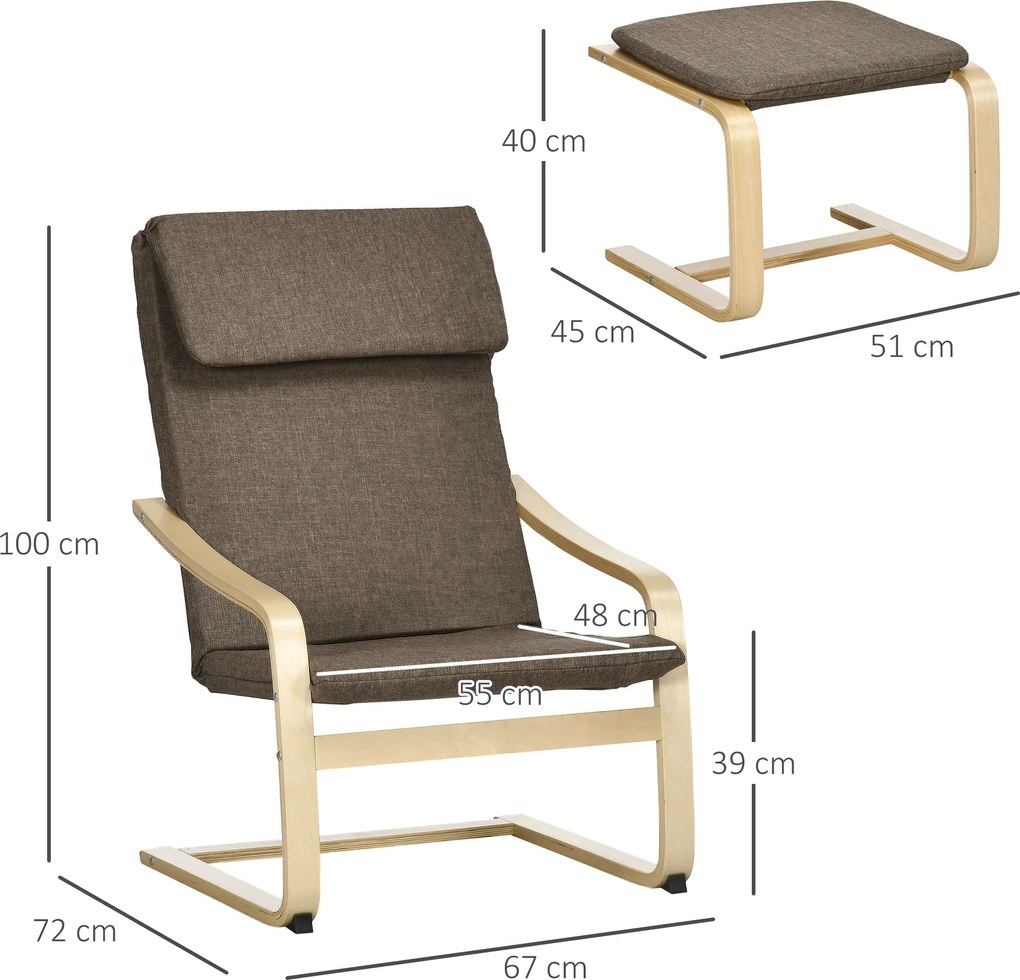 HOMCOM Fotel Relaksacyjny z Podnóżkiem Brązowy Lniany Pokrycie Drewniana Rama Wygodne Siedzisko z Podłokietnikami | Aosom PL