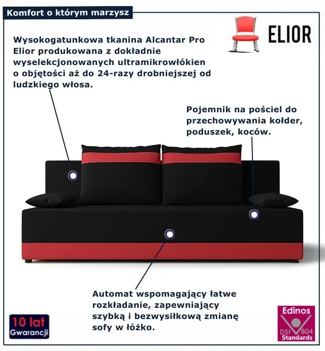 Czarno-czerwona sofa rozkładana z pojemnikiem D7-K62