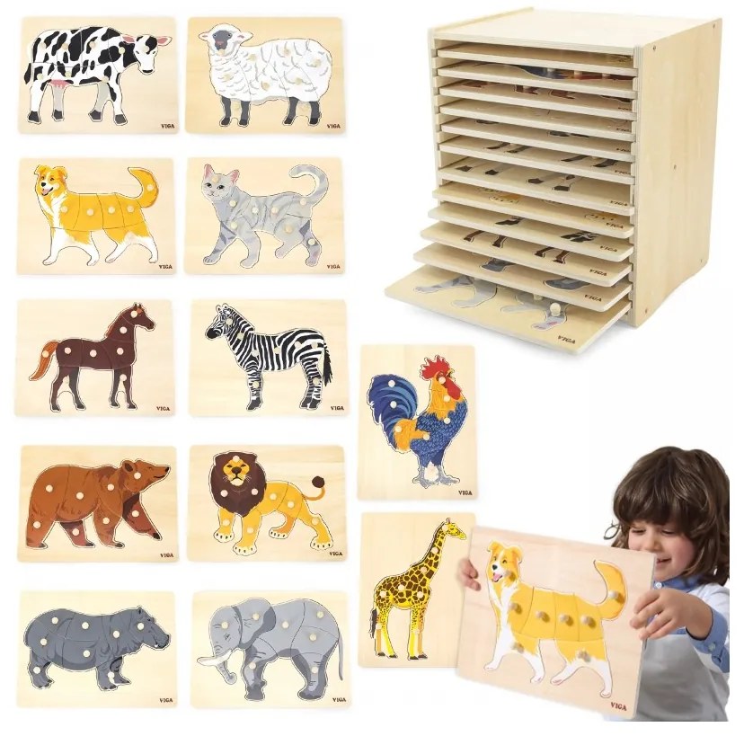 Viga zestaw puzzle drewniane 12 układanek zwierzątka montessori + stojak