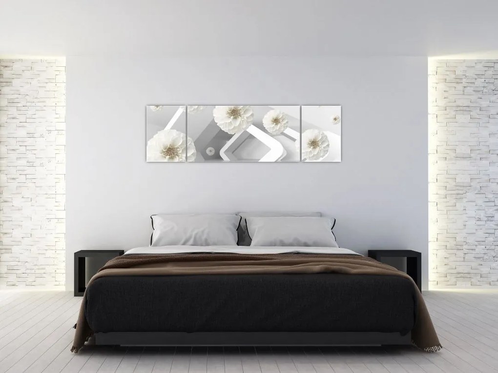 Abstrakcyjny obraz z białawymi kwiatami (170x50 cm)