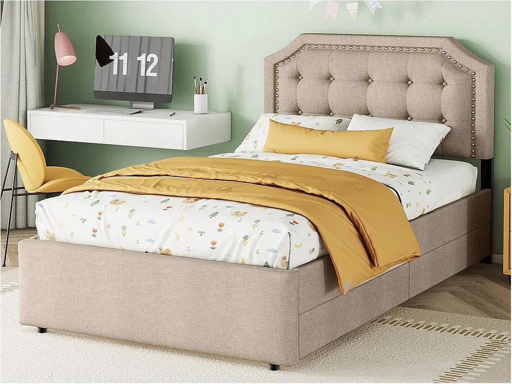 Łóżko tapicerowane w tkaninie lnianej z 2 szufladami - 90x200cm - wezgłowie ozdobione ćwiekami - Taupe