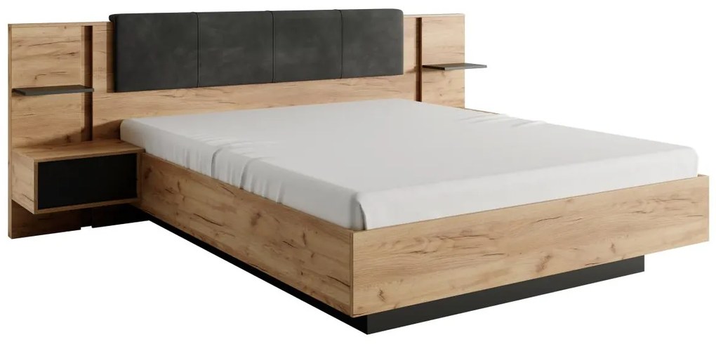 Łóżko z szafkami nocnymi160 x 200 cm - Z diodami LED - Kolory: Naturalny i Antracyt + Stelaż + Materac - ELYNIA