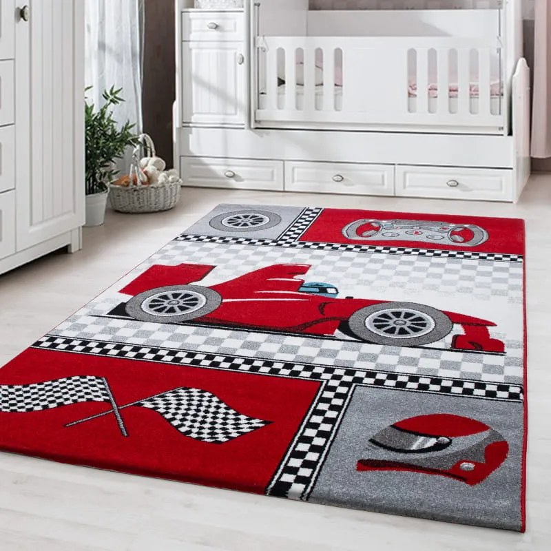 Dywan dziecięcy Kids Wyścigi szaro-czerwone 140 cm x 200 cm