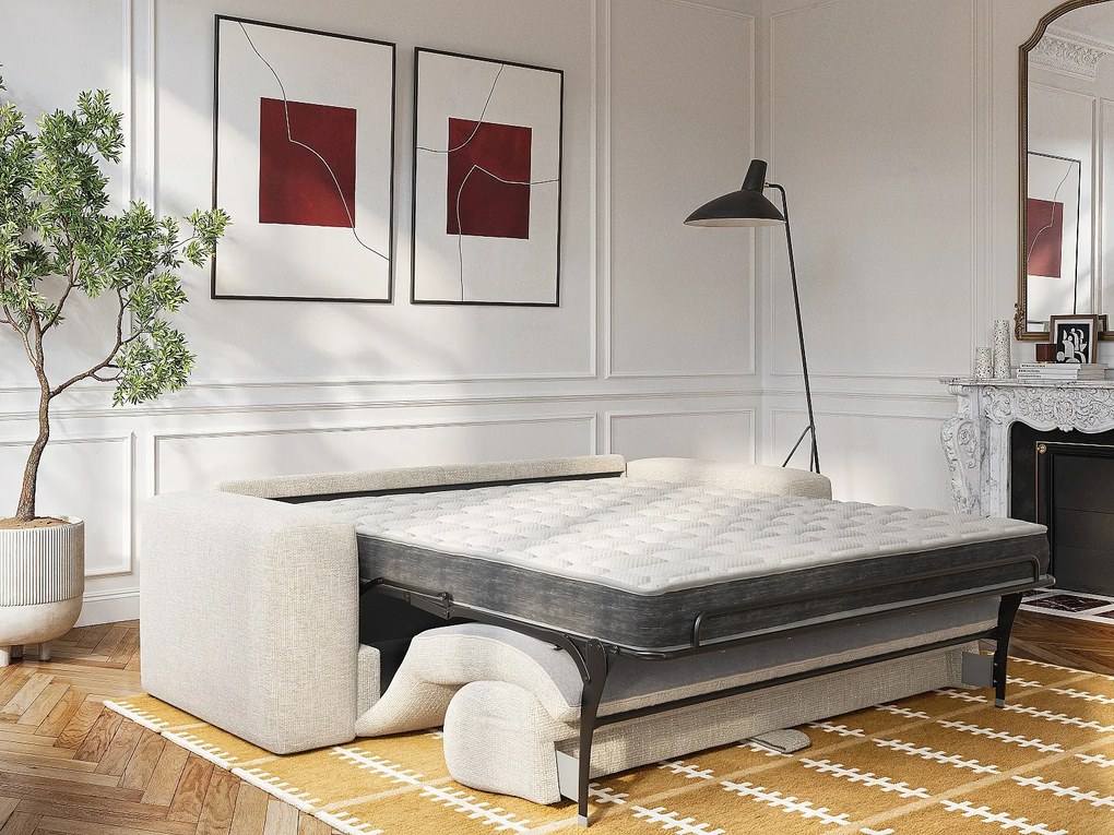 Kanapa 3-osobowa rozkładana z beżowej teksturowanej tkaniny - Materac 16 cm z pamięcią kształtu POGNIA