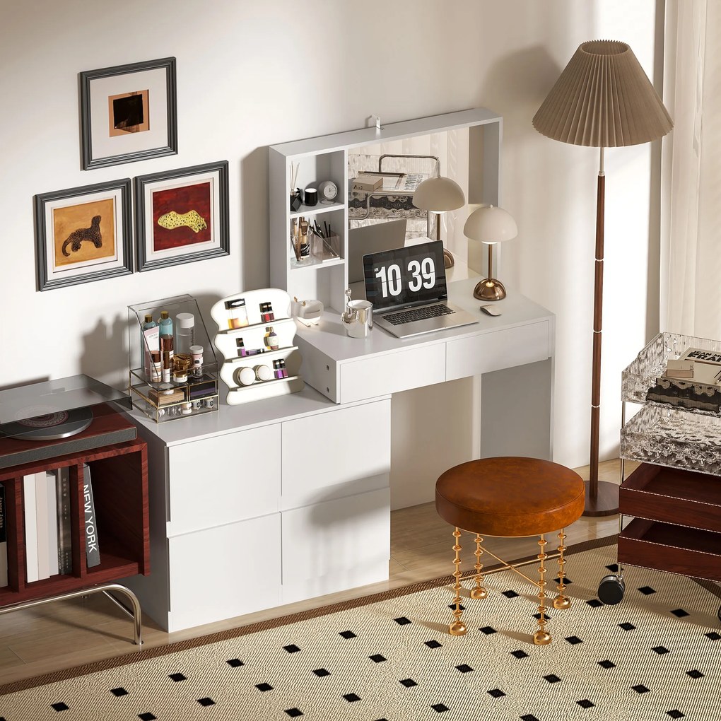 HOMCOM Toaletka, stolik do makijażu z dużym lustrem, 4 szuflady, 3 otwarte przegrody, 2 szafki, MDF, Biały