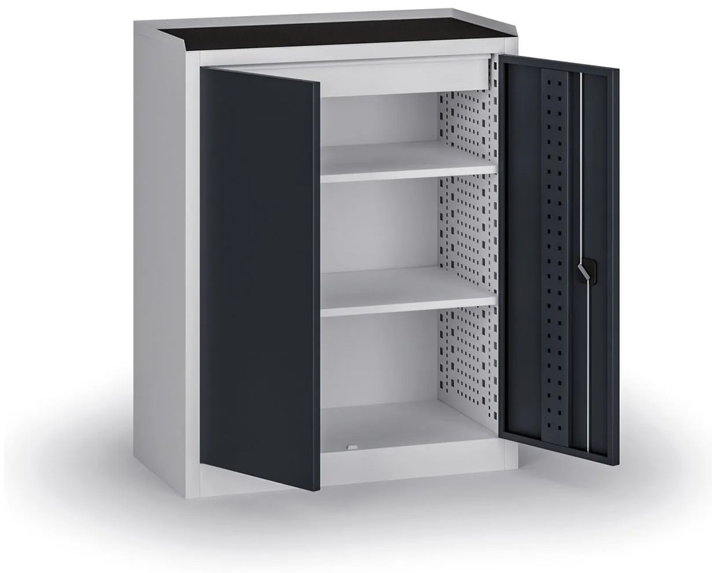 Szafa warsztatowa, 2 półki + 1 szuflada, 1180 × 950 × 500 mm, grafitowe drzwi