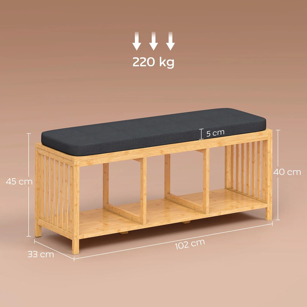 HOMCOM Bambusowa ławka na buty, ławka do przedpokoju z miękkim siedziskiem i otwartą półką, naturalny bambus | Aosom PL