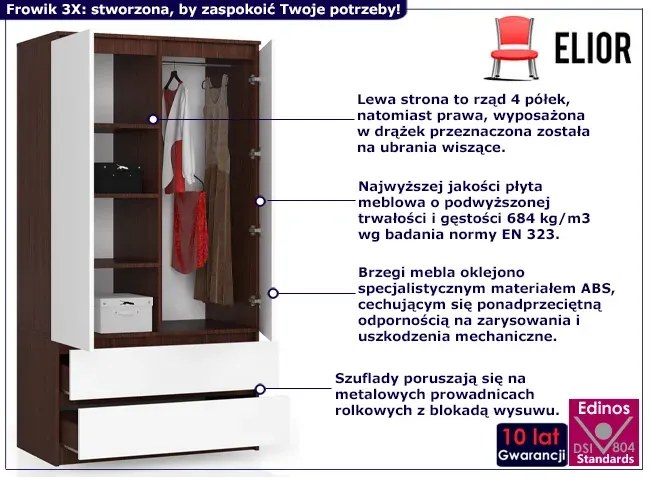 Szafa ubraniowa dwudrzwiowa z szufladami wenge + biały B5-Z33