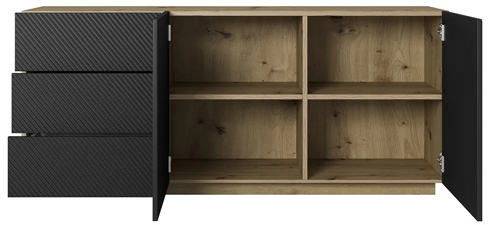 Komoda Asha 167 cm z szufladami i ryflowanym frontem - artisan / czarny mat