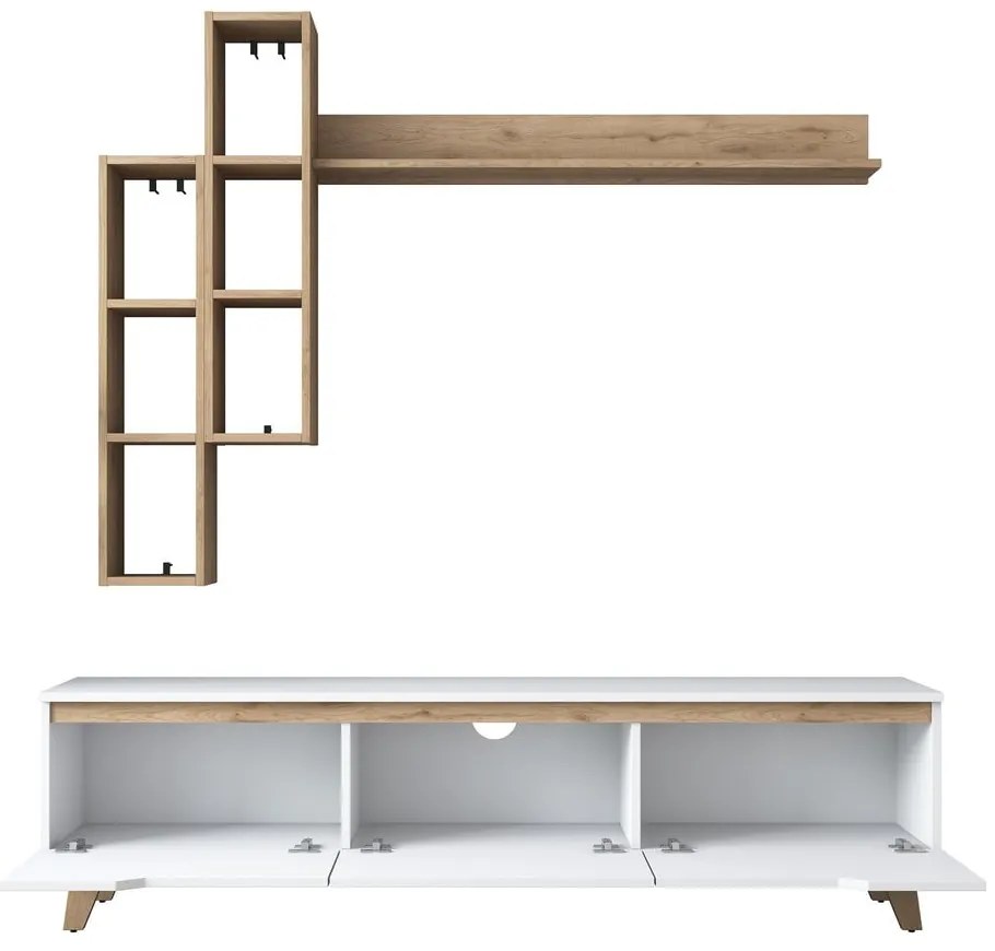 Biały zestaw pod TV w dekorze orzecha 180x49 cm Linh – Kalune Design