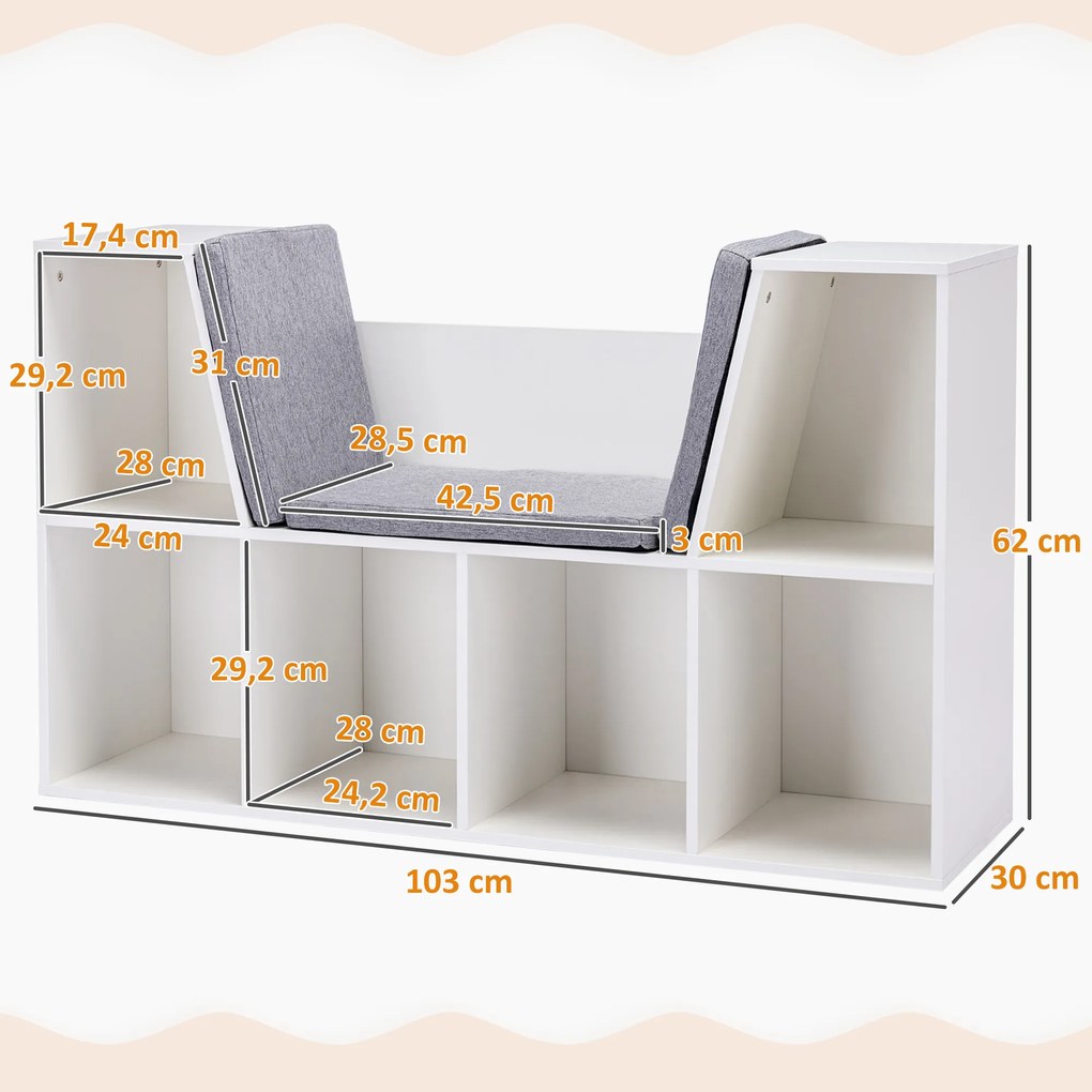 HOMCOM Regał 2 w 1 dla dzieci + Ławka z poduszkami 103 cm × 30 cm × 62 cm Biały + Szary