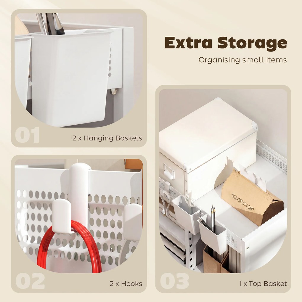 HOMCOM Regał na książki na kółkach, 4-poziomowy, regulowane półki i wiszące kosze do salonu i biura, biały | Aosom PL