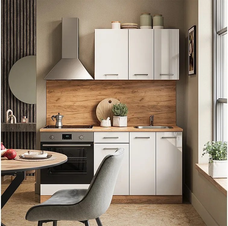 Pojedyncza kuchnia biały wysoki połysk/złoty dąb power 160x46x81.6 r-line