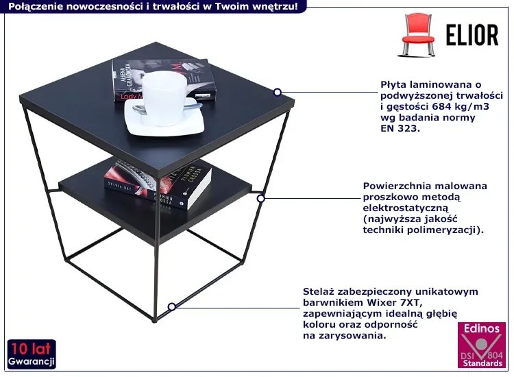 Czarny kwadratowy stolik kawowy z półką - Celia 4X