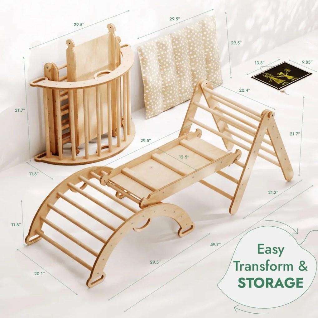 Zestaw wspinaczkowy 4w1 Montessori: drabinka dwustronna + łuk wspinaczkowy + zjeżdżalnia + poduszka (1-3 lata)