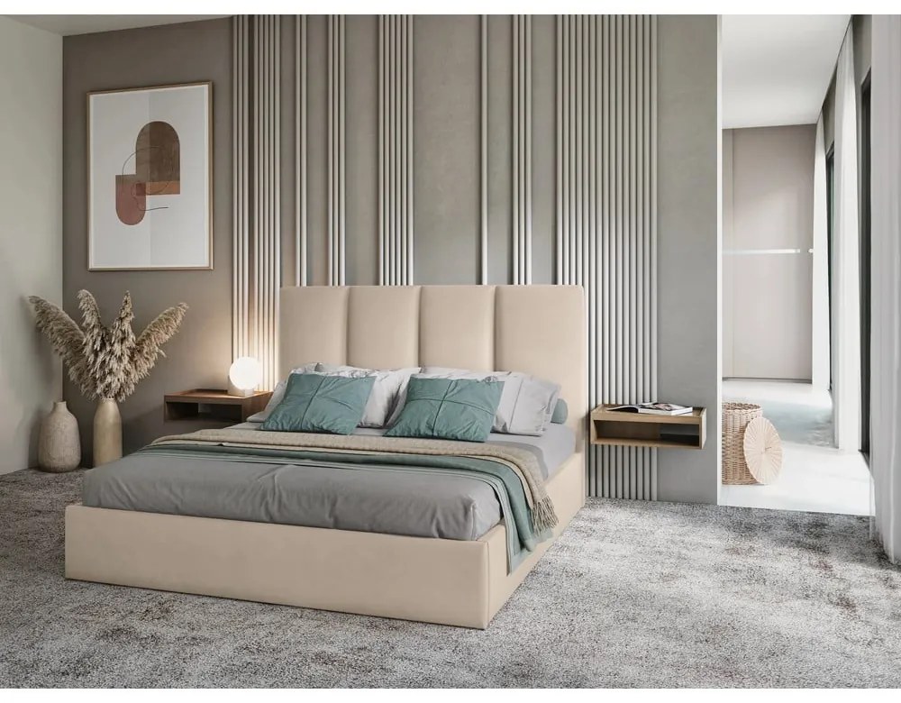 Beżowe tapicerowane łóżko dwuosobowe ze schowkiem ze stelażem 160x200 cm Juniper – Mazzini Beds