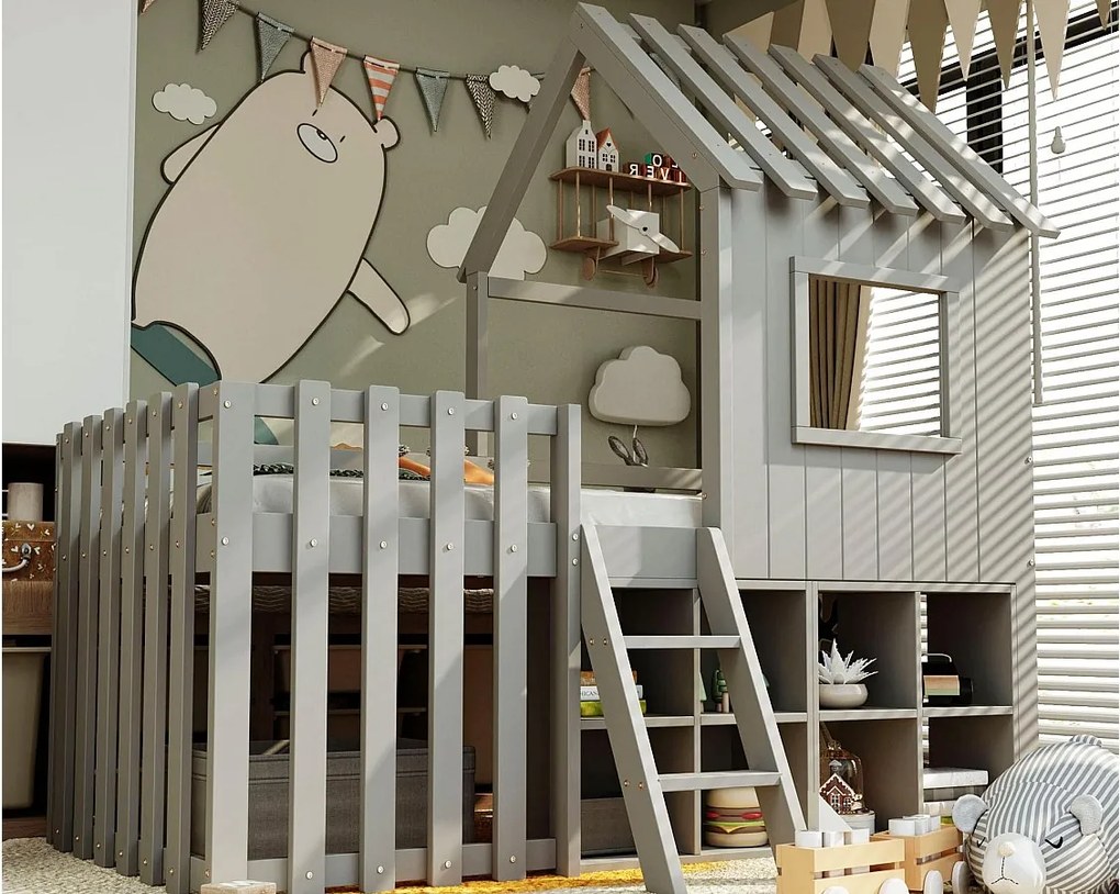 Łóżko domek dziecięce 90x200 cm - z daszkiem + okienkiem - z drabinką 2-stopniową i półeczkami - szare