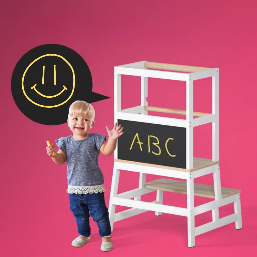 Wieża edukacyjna PLAY z drewna sosnowego, 93x56x49, biała/naturalny brąz Spielwerk