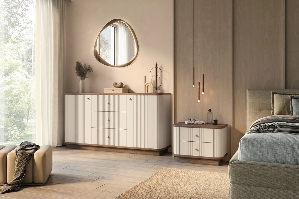 Komoda Vesper 160 cm z szufladami na cokole - kaszmir / orzech / złote uchwyty