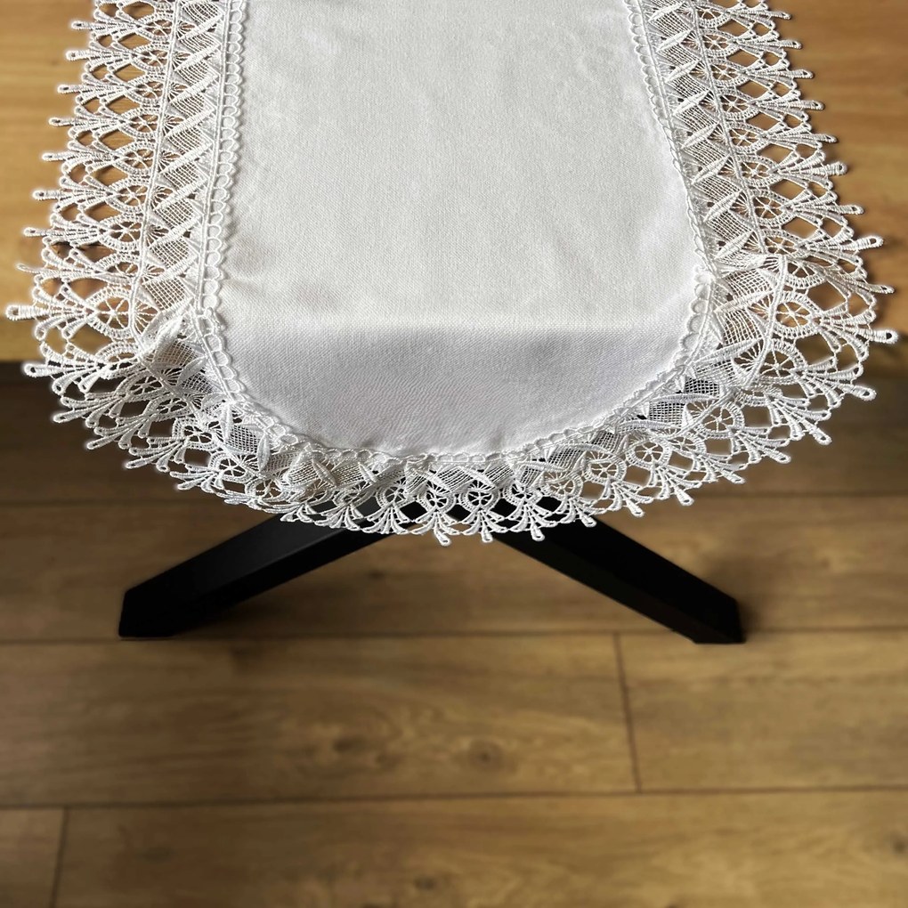 Bieżnik z gipiurą owalny imitacja lnu biały stylowy - 40x85 cm