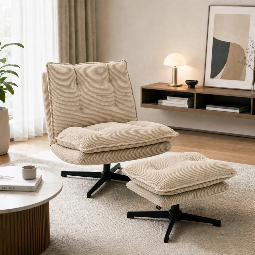 HOMCOM Fotel lounge z pufą, 360° obrotowy, tapicerka sztruksowa, regulowana podpórka pod stopy, beżowy | Aosom PL