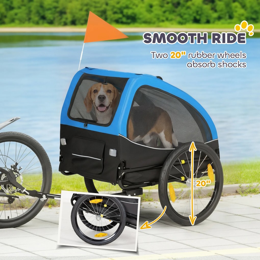 PawHut Przyczepka rowerowa dla psa, składana, z odblaskami, siatkowymi oknami, kołami, drzwiami, flagą bezpieczeństwa, dla psów do 20 kg, 138x70x89 cm, niebieska | Aosom PL