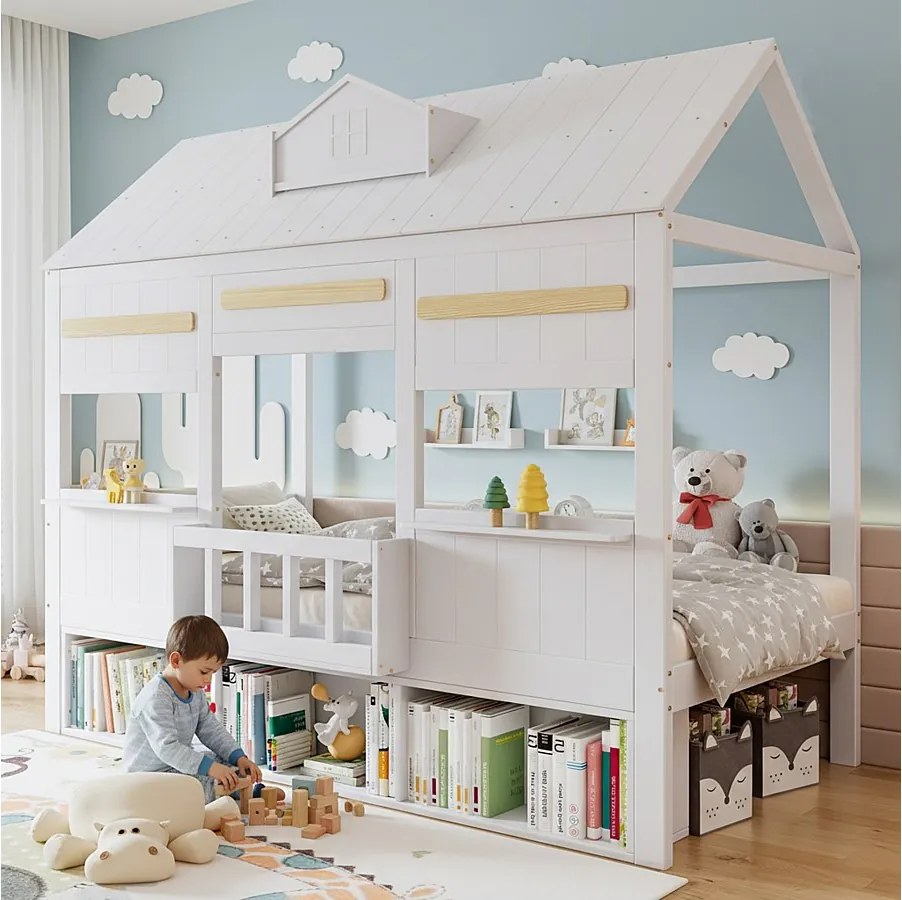 Łóżko piętrowe dla dzieci - 90 x 200 cm - w kształcie domku - z półką i schowkiem - sosna i MDF - białe