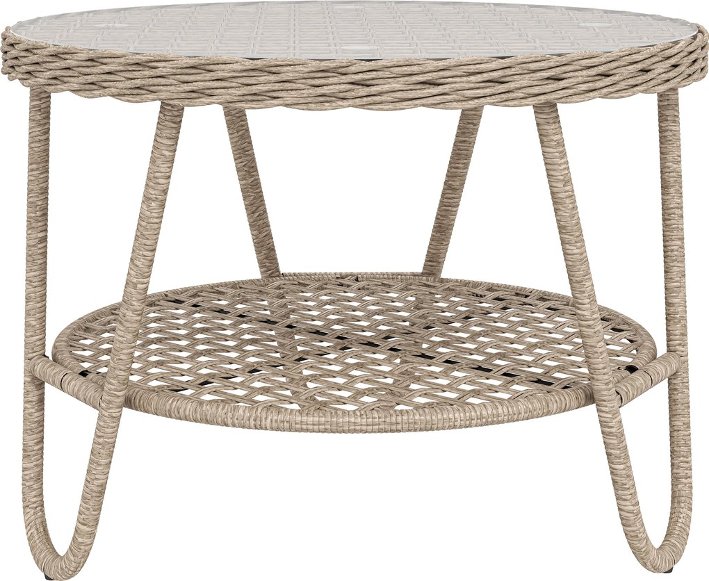 Outsunny Stolik boczny z rattanu PE, dwupoziomowy stolik kawowy z półką, szkło, regulowane nóżki, 65 x 65 x 50 cm, żółty | Aosom PL