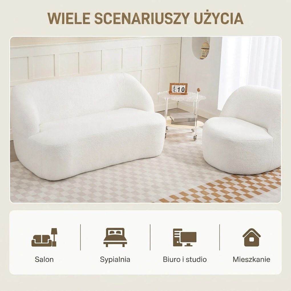HOMCOM Sofa 2-osobowa, zaokrąglony design, kanapa z pokryciem fleece, do salonu, sypialni, biura, Kremowy
