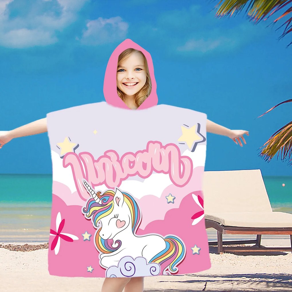 Dziecięce poncho UNICORN różowe 60x90 cm