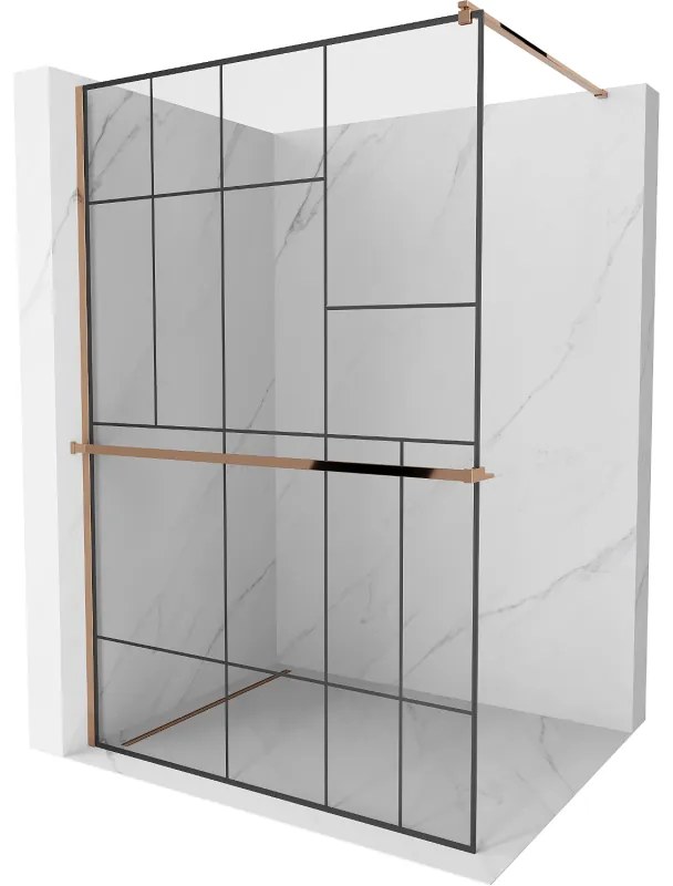 Mexen Kioto+ ścianka prysznicowa z półką Walk-in 130 x 200 cm, czarny wzór, różowe złoto - 800-130-121-60-78