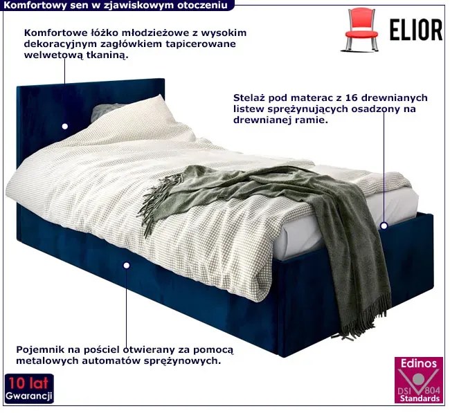 Granatowe tapicerowane łóżko z pojemnikiem H8-E62