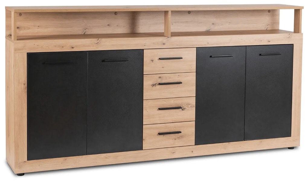 Komoda Czterodrzwiowa z Szufladami BLAGO 190 cm Dąb Artisan/Czarny Nowoczesna Loft
