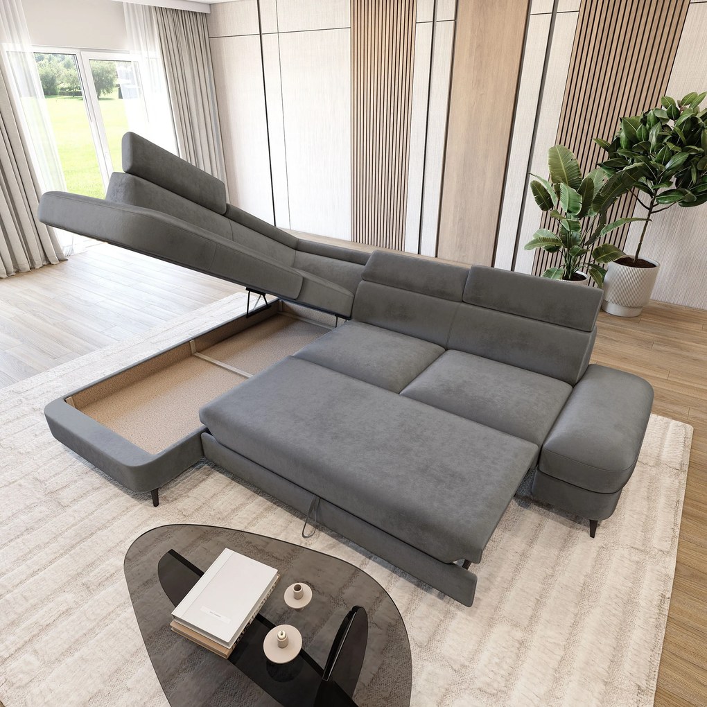 Masseno Narożnik AVISE z funkcją spania i pojemnikiem na pościel Narozniki L, Rozkładana sofa - Szary, MONOLITH 85