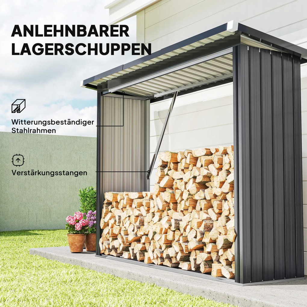 Wiata na drewno opałowe Outsunny, stal ocynkowana, podwyższona podstawa, dach jednospadowy, 213×66,5×150 cm, ciemnoszary