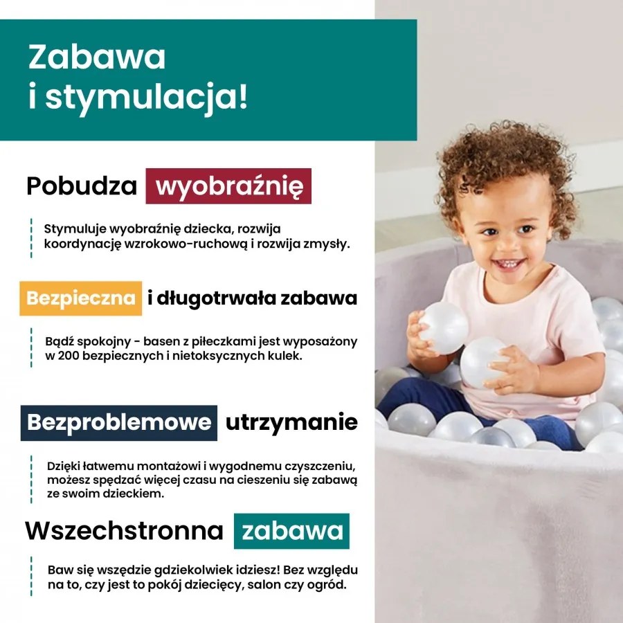 Okrągły suchy basen z piłeczkami 7cm dla dziecka, 90x30cm/200 piłek, welurowy sztruksowy, morelowy, piłki: białe, biała perła, transparentne - meowbaby®