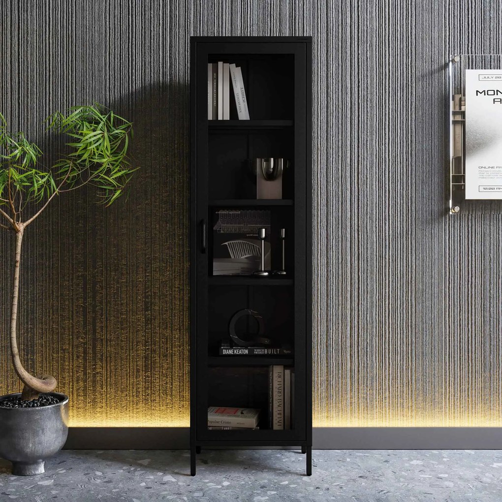 Witryna szklana wąska na nóżkach do salonu czarna, 500x1800x350 mm: LUIGI Modern