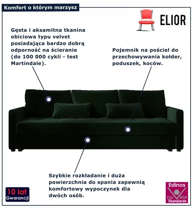 Ciemnozielona welurowa sofa rozkładana z pojemnikiem D2-L20