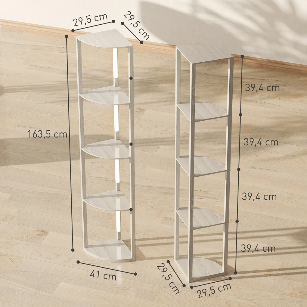 HOMCOM Lampa stojąca LED, regał narożny, ściemnialna, 4 półki, ciepłe światło, 41x30x164 cm, dąb