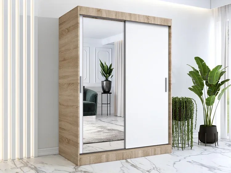 Szafa przesuwna z lustrem 150 cm dąb sonoma + biały - Seko 4X