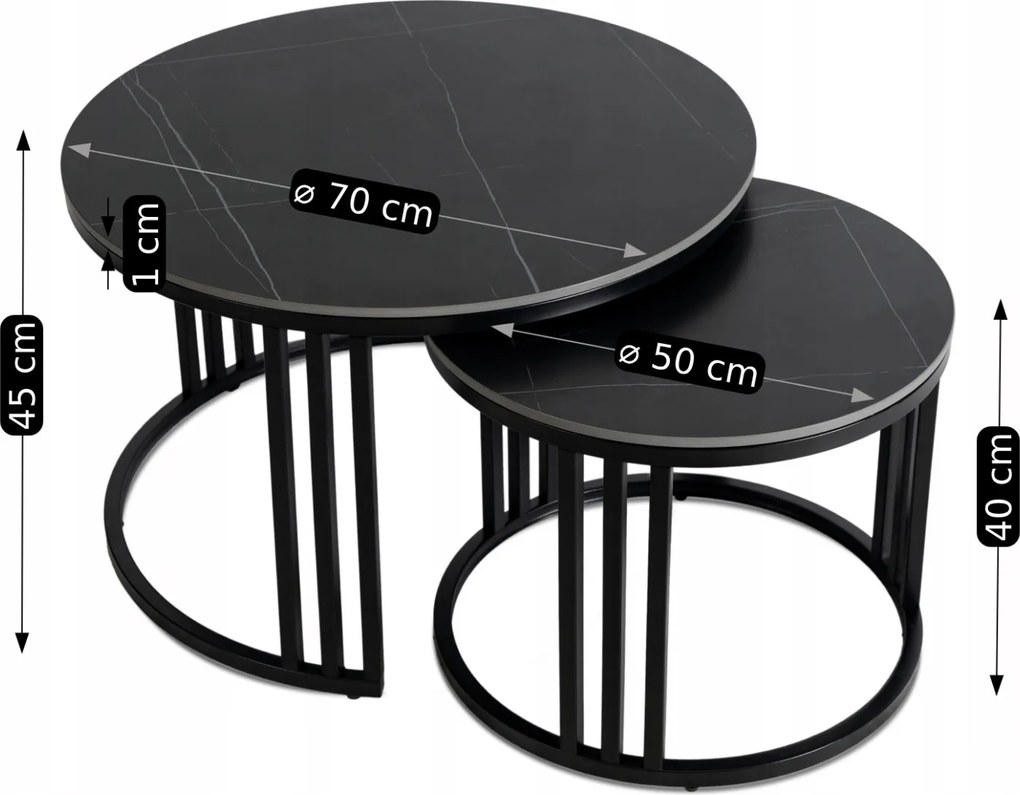 Zestaw Stolików Kawowych JERRY Czarny Marmur/Czarny do Salonu Nowoczesny