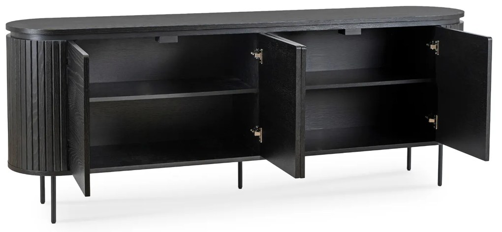 Komoda do Salonu BECK 200 cm Czarna Czterodrzwiowa Ryflowana Nowoczesna