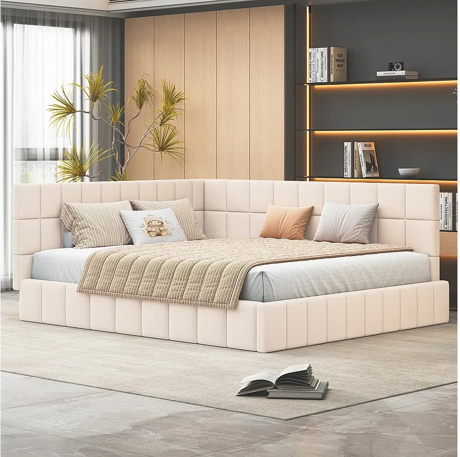 Łóżko tapicerowane 160 x 200 cm, Sofa z funkcją spania z wezgłowiem - Tkanina aksamitna - z listwowym stelażem - Beż