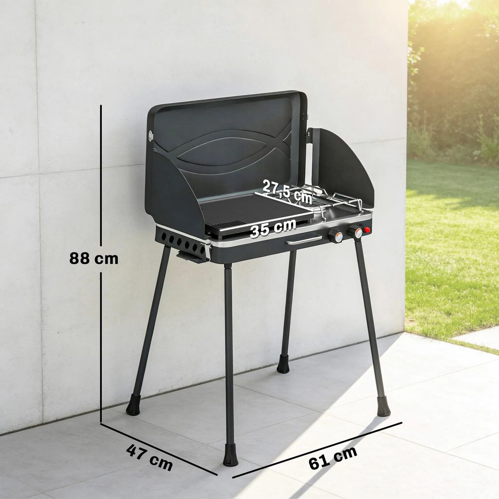 Outsunny Przenośny grill gazowy 2 palniki 5,9 kW 2-w-1 grill stołowy z pieczeniem składane nogi ruszt osłona przeciwwiatrowa pokrywa zamknięcie | Aosom PL