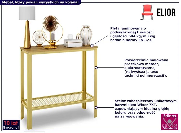 Minimalistyczna konsola z półką złoty + dąb artisan - Erid 3X