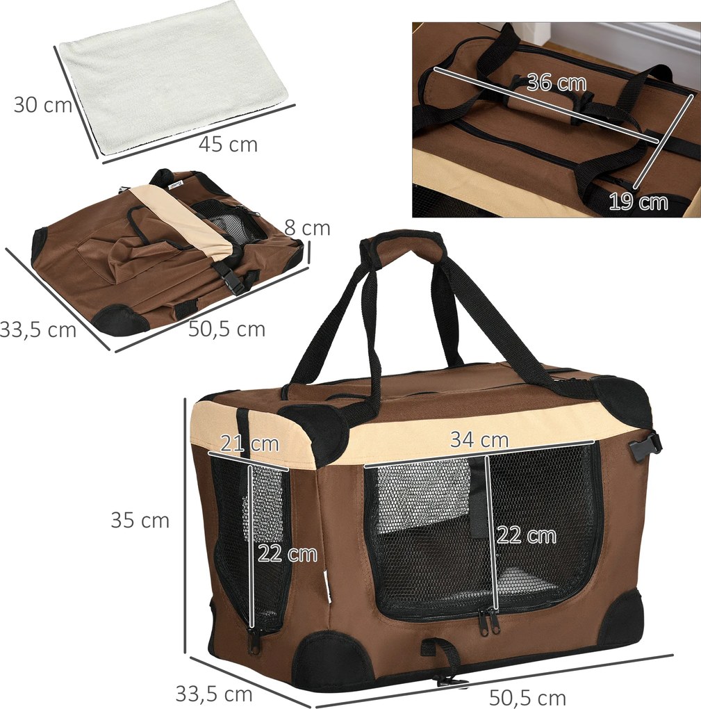 PawHut Torbik transportujący Torba transportowa, 3 wejścia, składana, 70 x 51 x 50 cm, Brązowy + Beżowy