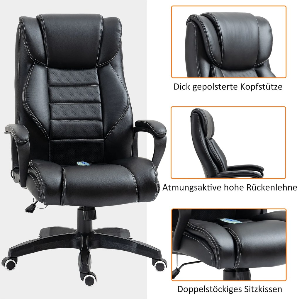 Vinsetto Fotel Biurowy z Masażem, Regulowany, Ergonomiczny, Obrotowy, Krzesło Komputerowe, Gamingowe z 6 Punktami Wibracyjnego Masażu, Czarne, 66 x 78 x 112-120 cm